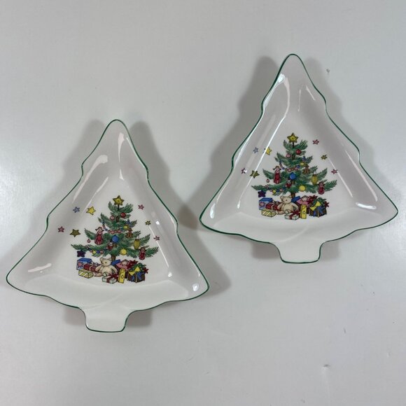 Nikko Christmastime Pair Set 2 Christmas Tree Candy Dish 6" Holiday White Green - Picture 1 of 10